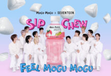 Promotional image between Mogu Mogu juice and K-Pop band Seventeen.