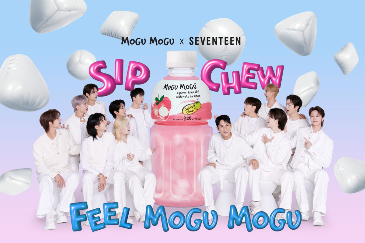 Promotional image between Mogu Mogu juice and K-Pop band Seventeen.