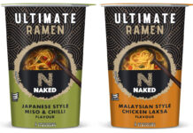 Pack shots of Naked Ultimate Ramen Japanese Style Miso & Chilli and Malaysian Style Chicken Laksa.