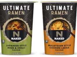 Naked builds on demand with Ramen pots Pack shots of Naked Ultimate Ramen Japanese Style Miso & Chilli and Malaysian Style Chicken Laksa.