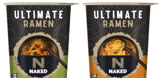 Pack shots of Naked Ultimate Ramen Japanese Style Miso & Chilli and Malaysian Style Chicken Laksa.