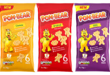 Pack shots of Pom-Bear Cheese, Pom-Bear Original and Pom-Bear BBQ multipacks.