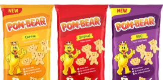 Pack shots of Pom-Bear Cheese, Pom-Bear Original and Pom-Bear BBQ multipacks.