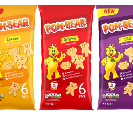 New look and flavours for Pom-Bear snacks Pack shots of Pom-Bear Cheese, Pom-Bear Original and Pom-Bear BBQ multipacks.