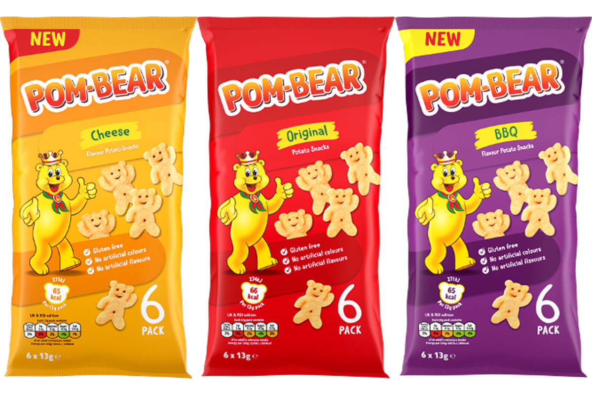 Pack shots of Pom-Bear Cheese, Pom-Bear Original and Pom-Bear BBQ multipacks.