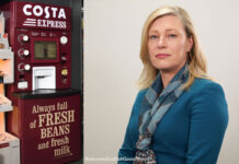 A Costa Coffee Express machine is next to an image of Gillian Martin, acting net zero secretary.