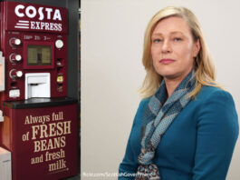 Time ‘is not right’ for single-use cup charge A Costa Coffee Express machine is next to an image of Gillian Martin, acting net zero secretary.