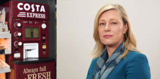 A Costa Coffee Express machine is next to an image of Gillian Martin, acting net zero secretary.