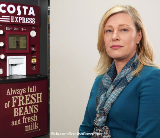 Time ‘is not right’ for single-use cup charge A Costa Coffee Express machine is next to an image of Gillian Martin, acting net zero secretary.