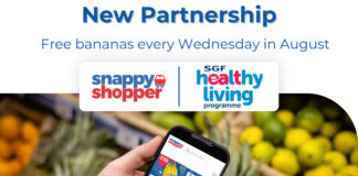 Promotional image of the Healthy Living Programme's team up with Snappy Shopper to deliver free bananas in August.