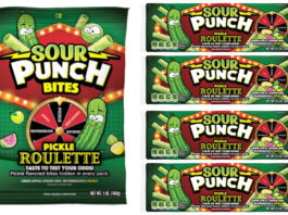 American Sour Punch candy spins to the UK Pack shouts of Sour Punch Bites Pickle Roulette packs.