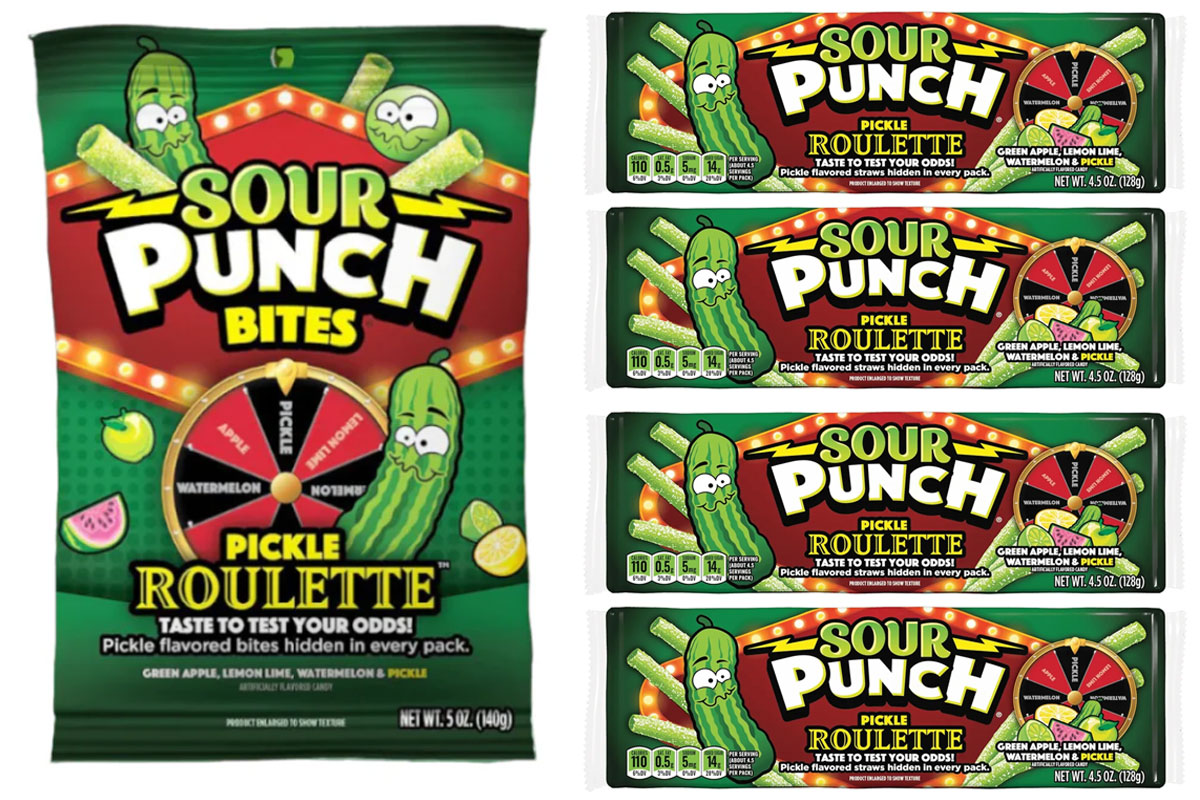 Pack shouts of Sour Punch Bites Pickle Roulette packs.