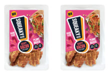 Pack shots of Squeaky Bean Crispy Bacon Style Strips.