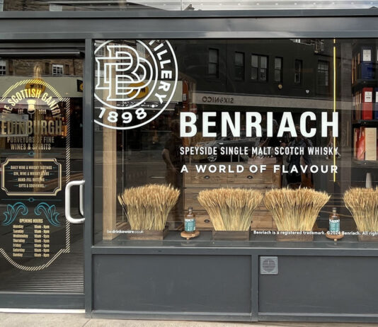 The Scottish Gantry opens flagship shop in Edinburgh Store front of The Scottish Gantry store in Edinburgh with advertising for The Benriach single malt in the window.