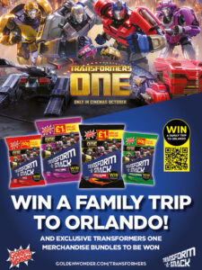 New promotional campaign for Golden Wonder Tranform-A-Snack with Transformers One featuring a competition to win a trip to Orlando.