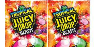 Pack shots of Tropical Juicy Drop Blasts.