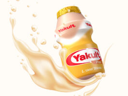 Yakult has a Peach of a new launch Promotional image of Yakult Plus Peach with a bottle of the drink surrounded by the liquid.