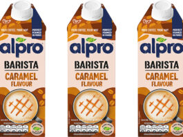 Plant in a Barista experience with Alpro Pack shots of Alpro Barista Caramel Flavour plant based milk.