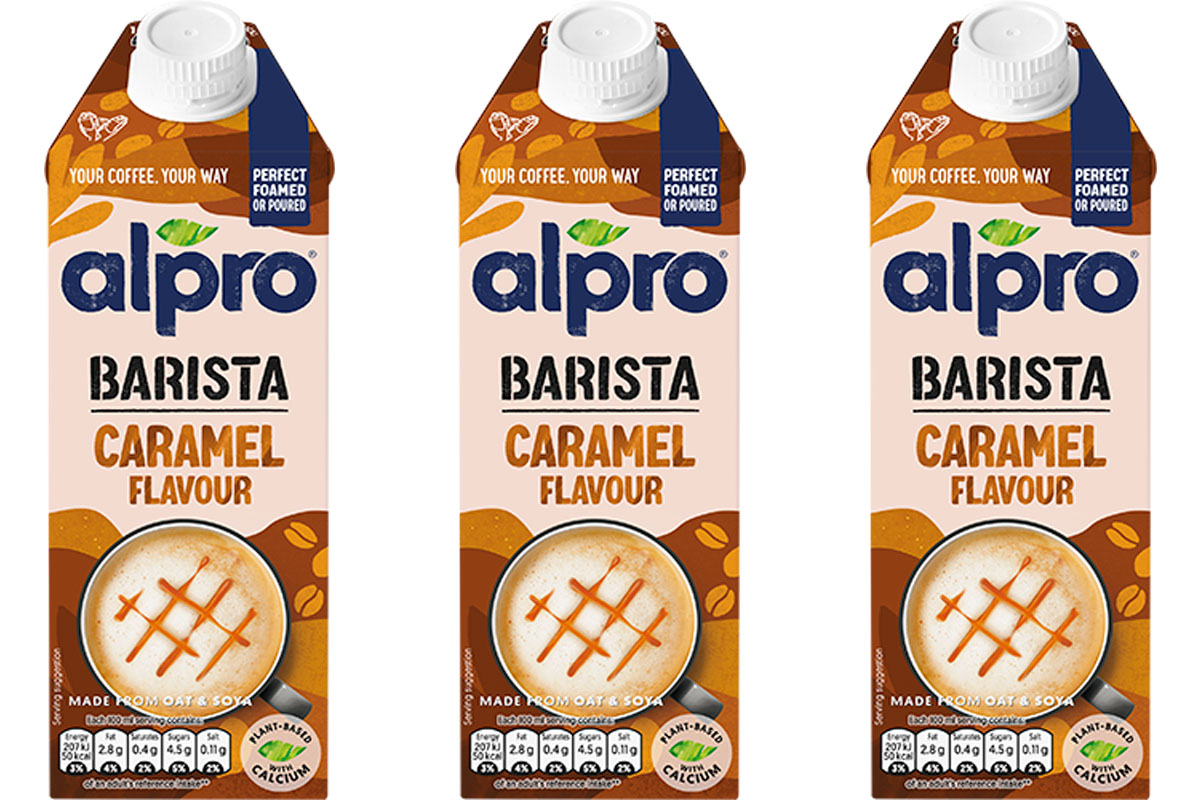 Pack shots of Alpro Barista Caramel Flavour plant based milk.