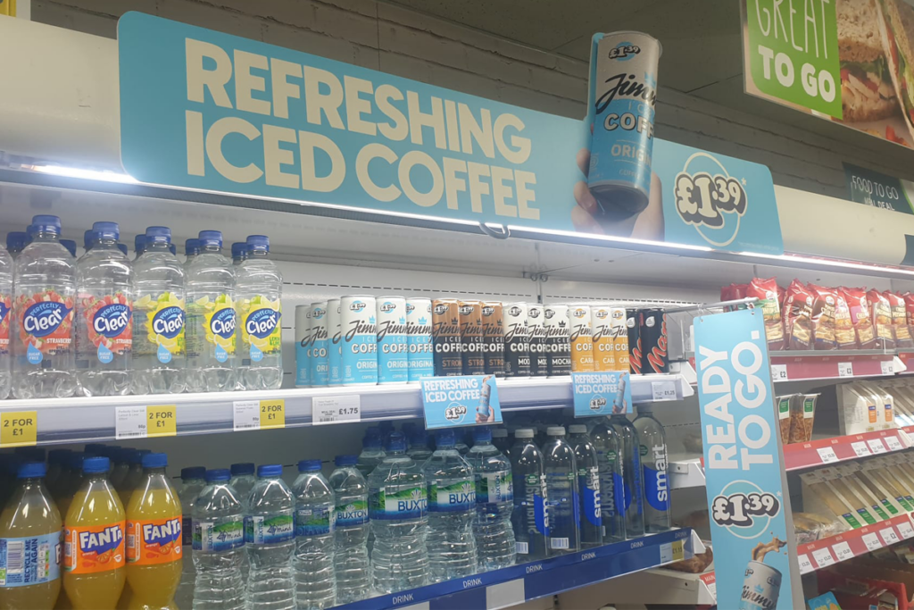 POS display of Jimmy's Iced Coffee in convenience store. 