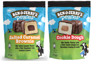 Pack shots of Ben & Jerry's Peaces including Salted Caramel Brownie and Cookie Dough.