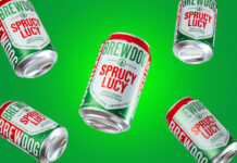 Cans of BrewDog Sprucy Lucy pale ale fall against a green background.