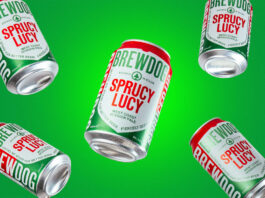 BrewDog partners with Spar on new brew Cans of BrewDog Sprucy Lucy pale ale fall against a green background.