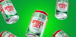 Cans of BrewDog Sprucy Lucy pale ale fall against a green background.