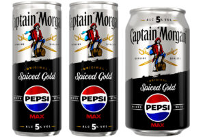 Pack shots of Captain Morgan Spiced Rum and Pepsi Max including the 250ml slimline can and 330ml can.