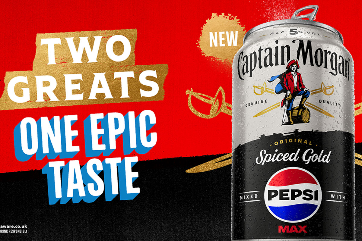 Promotional image of the partnership between Captain Morgan rum and Pepsi Max with an image of the can and text that reads "Two Greats, One Epic Taste".