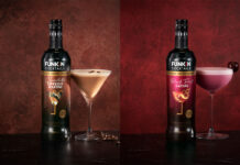 Promotional image of Funkin Cocktails Dessert Cocktails including its Chocolate Espresso Martini and Black Forest Gateau bottles against dark backgrounds.