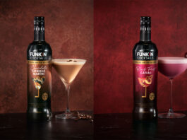 Funkin goes Deluxe on Dessert Cocktails Promotional image of Funkin Cocktails Dessert Cocktails including its Chocolate Espresso Martini and Black Forest Gateau bottles against dark backgrounds.