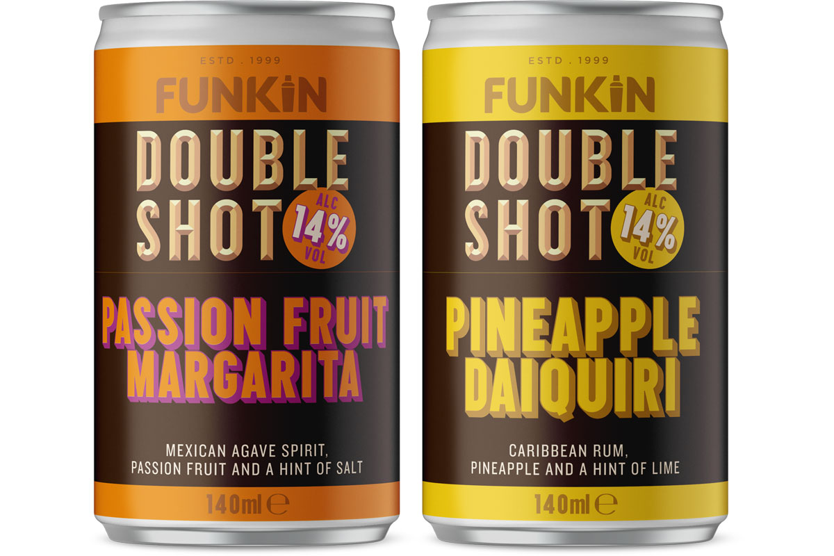 Pack shots of Funkin Double Shot cocktails including Passion Fruit Margarita and Pineapple Daiquiri variants.