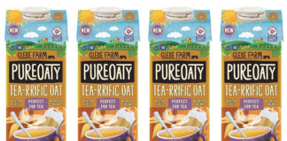 Pack shots of Glebe Farm Pure Oaty Tea-riffic Oat milk.