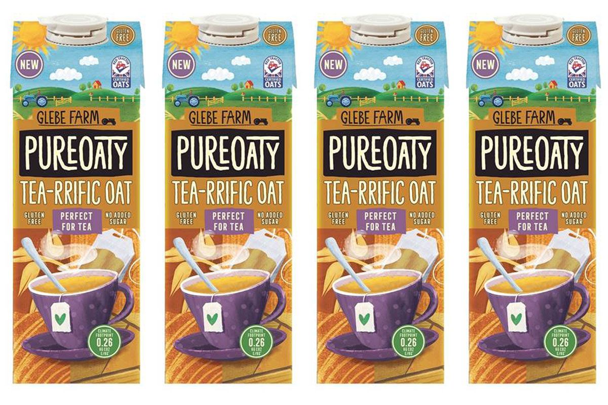 Pack shots of Glebe Farm Pure Oaty Tea-riffic Oat milk.