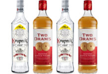 Pack shots of Krupnik Polish vodka and Two Drams Blended Scotch Whisky.