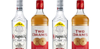 Pack shots of Krupnik Polish vodka and Two Drams Blended Scotch Whisky.