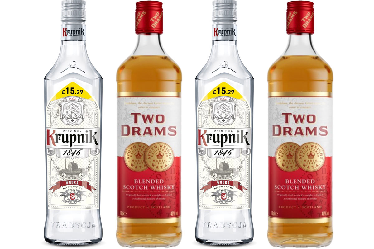 Pack shots of Krupnik Polish vodka and Two Drams Blended Scotch Whisky.