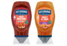 Pack shots of Hellmann's Spicy Mexican Inspired Sauce and Sweet & Sour Sauce.