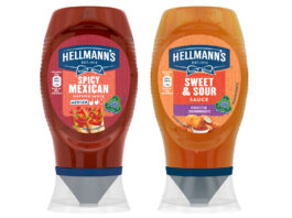 Hellmann’s double dips with two new sauces Pack shots of Hellmann's Spicy Mexican Inspired Sauce and Sweet & Sour Sauce.
