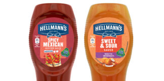 Pack shots of Hellmann's Spicy Mexican Inspired Sauce and Sweet & Sour Sauce.