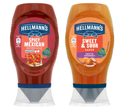 Hellmann’s double dips with two new sauces Pack shots of Hellmann's Spicy Mexican Inspired Sauce and Sweet & Sour Sauce.
