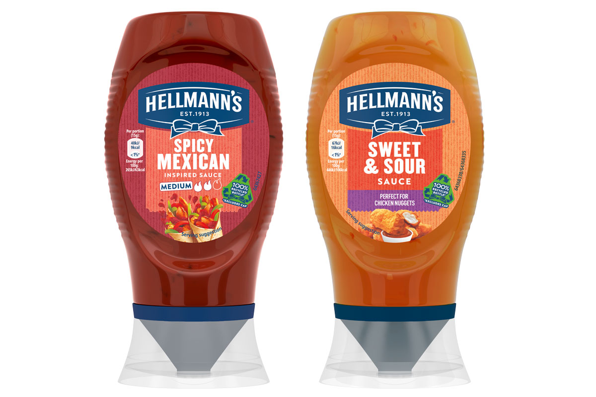 Pack shots of Hellmann's Spicy Mexican Inspired Sauce and Sweet & Sour Sauce.