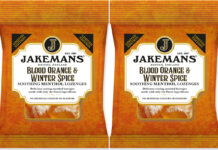 Pack shots of Jakemans Blood Orange & Winter Spice throat lozenges.