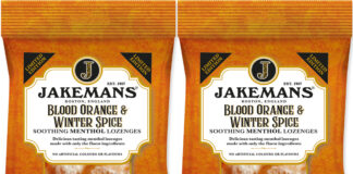 Pack shots of Jakemans Blood Orange & Winter Spice throat lozenges.