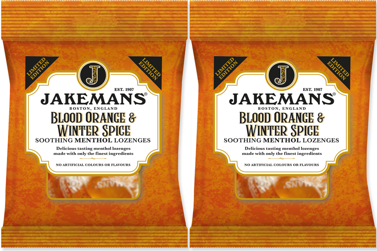 Pack shots of Jakemans Blood Orange & Winter Spice throat lozenges.