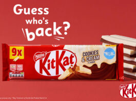 KitKat Cookies & Cream is back on shelves Promo of the return of KitKat Cookies & Cream two finger biscuits, with a pack shot of the multipack and unwrapped KitKat Cookies & Cream biscuits to the side against a red background. The text reads "Guess who's back?".