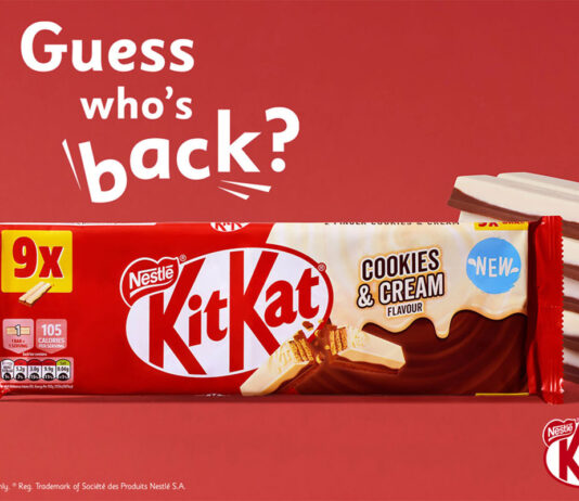 KitKat Cookies & Cream is back on shelves Promo of the return of KitKat Cookies & Cream two finger biscuits, with a pack shot of the multipack and unwrapped KitKat Cookies & Cream biscuits to the side against a red background. The text reads "Guess who's back?".