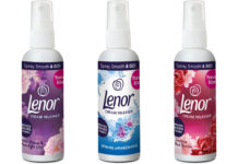 Pack shots of Lenor Crease Releaser in travel-size bottles including Exotic Bloom & Moonlight Lily, Spring Awakening and Jasmine Red Berries.