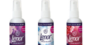 Pack shots of Lenor Crease Releaser in travel-size bottles including Exotic Bloom & Moonlight Lily, Spring Awakening and Jasmine Red Berries.